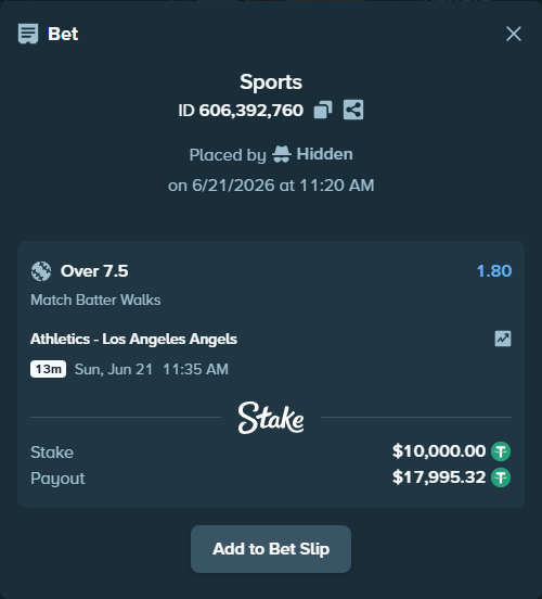 Bet slip: , $10,010.00 stake at 1.80 odds, placed by Hidden