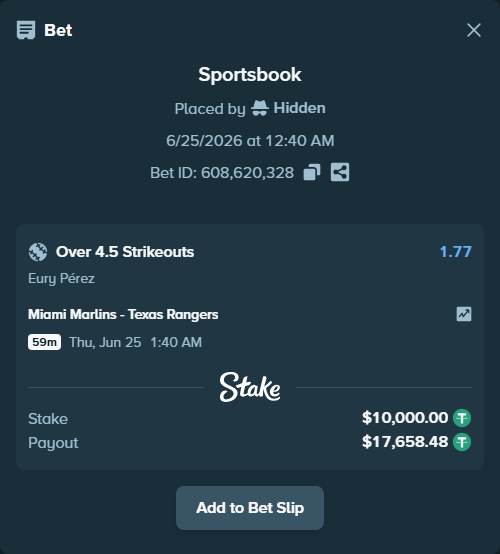Bet slip: , $10,010.00 stake at 1.77 odds, placed by Hidden
