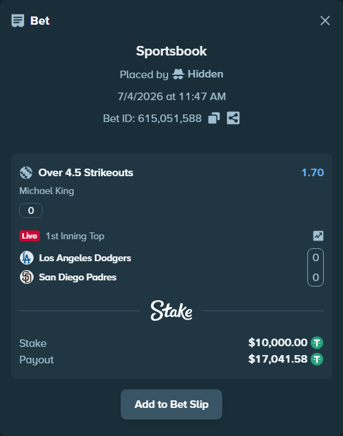 Bet slip: , $10,010.00 stake at 1.70 odds, placed by Hidden