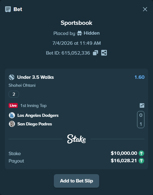 Bet slip: , $10,010.00 stake at 1.60 odds, placed by Hidden