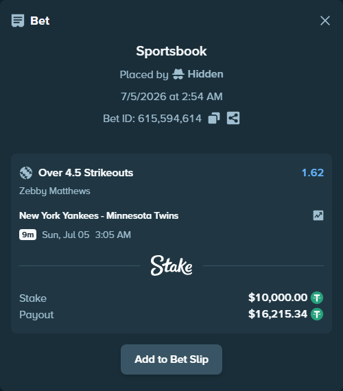 Bet slip: , $10,010.00 stake at 1.62 odds, placed by Hidden