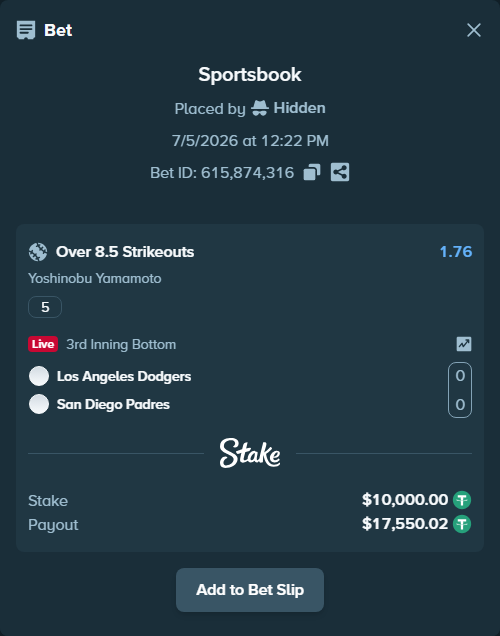 Bet slip: , $10,010.00 stake at 1.76 odds, placed by Hidden