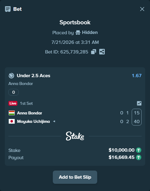 Bet slip: , $10,010.00 stake at 1.66 odds, placed by Hidden