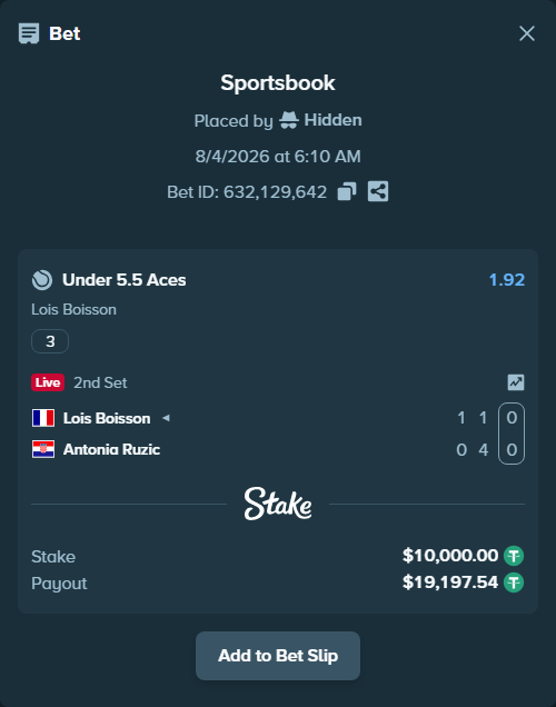 Bet slip: , $10,010.00 stake at 1.92 odds, placed by Hidden