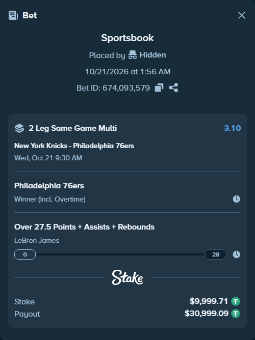 Bet slip: , $10,009.71 stake at 1.55 odds, placed by Bigfoltz