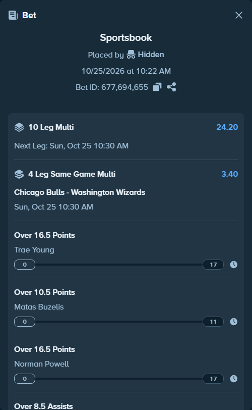 Bet slip: , $10,010.00 stake at 0.85 odds, placed by Hidden