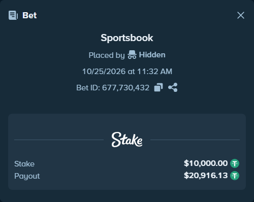 Bet slip: , $10,010.00 stake at 2.09 odds, placed by Hidden