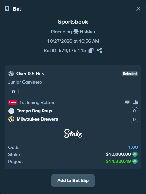 Bet slip: , $10,010.00 stake at 1.43 odds, placed by Hidden