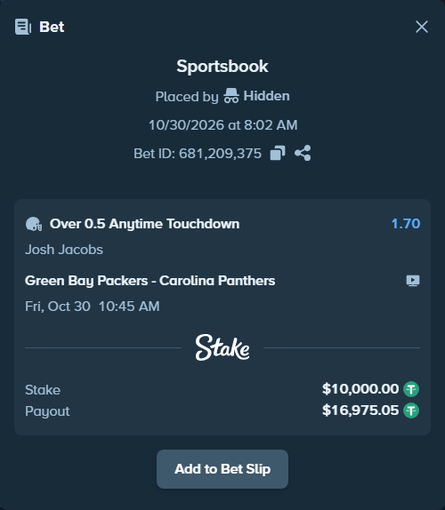 Bet slip: , $10,010.00 stake at 1.70 odds, placed by Bigfoltz
