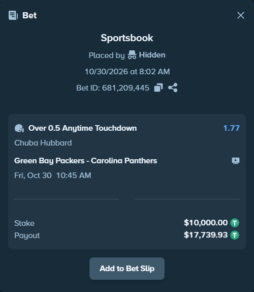Bet slip: , $10,010.00 stake at 1.77 odds, placed by Bigfoltz