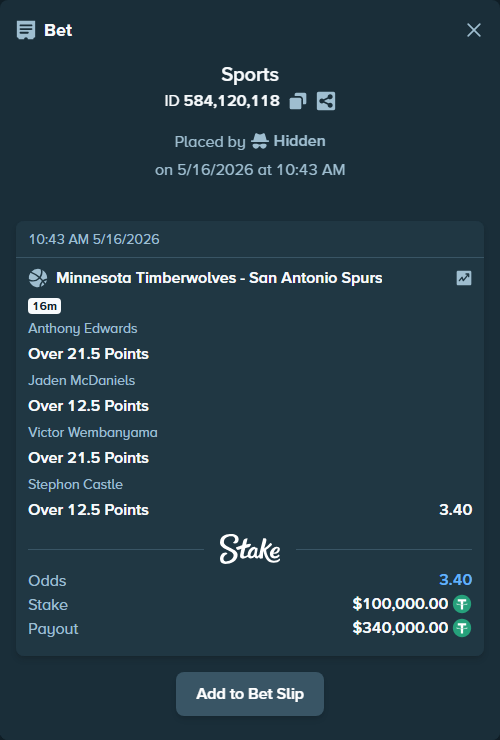 Bet slip: , $100,100.00 stake at 0.85 odds, placed by Hidden