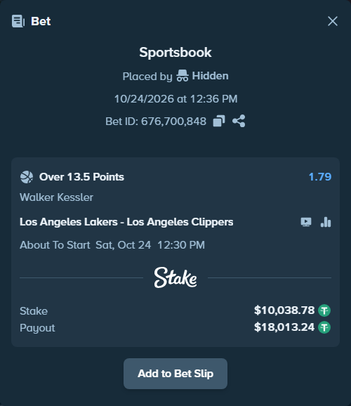 Bet slip: , $10,048.82 stake at 1.79 odds, placed by Rodrigom04