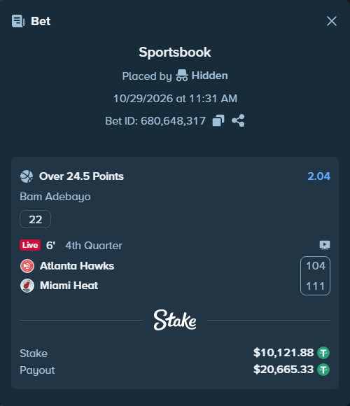 Bet slip: , $10,132.00 stake at 2.04 odds, placed by Laav425