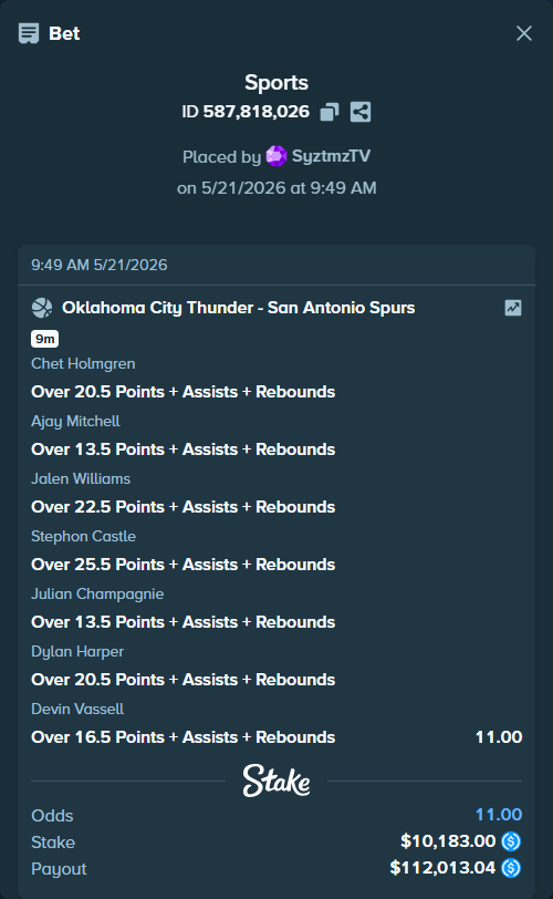 Bet slip: , $10,183.00 stake at 1.57 odds, placed by SyztmzTV
