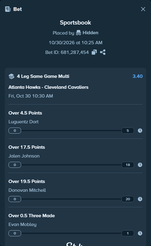 Bet slip: , $10,999.56 stake at 0.85 odds, placed by Hidden