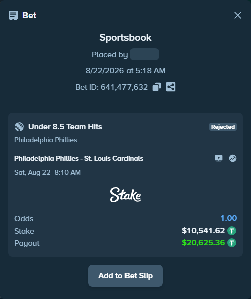 Bet slip: , $10,541.62 stake at 1.96 odds, placed by Juliusprince