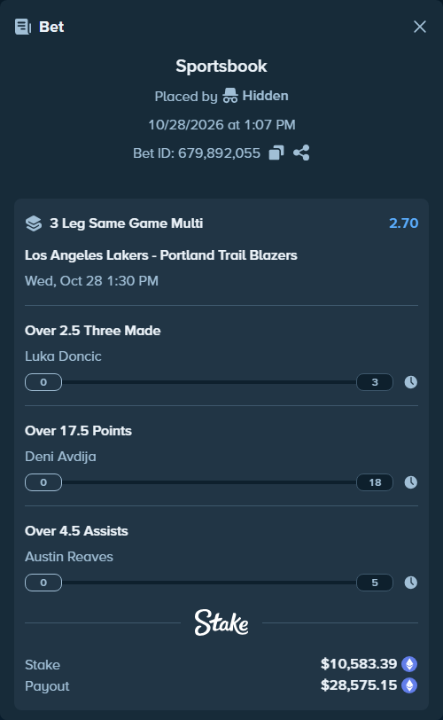 Bet slip: , $10,626.05 stake at 0.90 odds, placed by Hidden