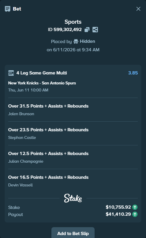 Bet slip: , $10,766.68 stake at 0.96 odds, placed by Hidden