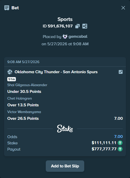 Bet slip: , $111,222.22 stake at 2.33 odds, placed by gemcabal