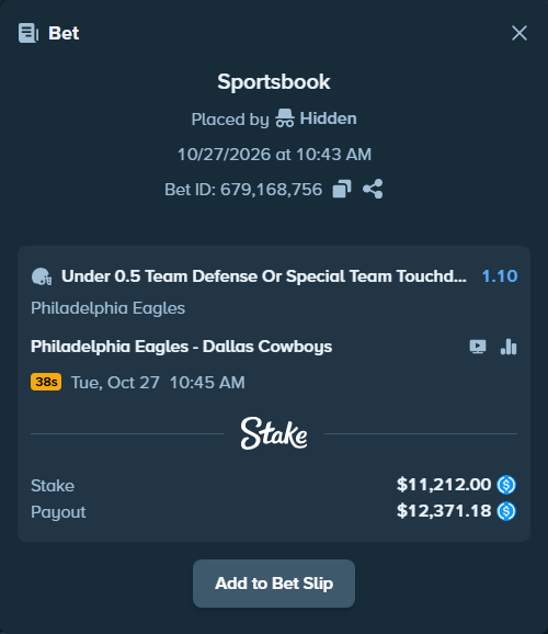 Bet slip: , $11,212.00 stake at 1.10 odds, placed by Mac19771