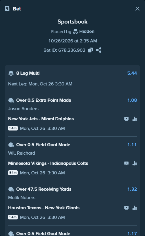 Bet slip: , $11,310.09 stake at 1.08 odds, placed by Hidden