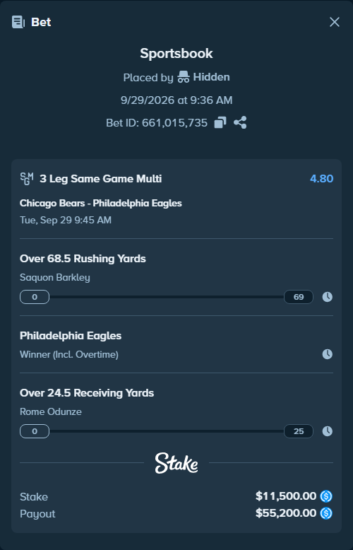 Bet slip: , $11,500.00 stake at 1.60 odds, placed by Marvin123421