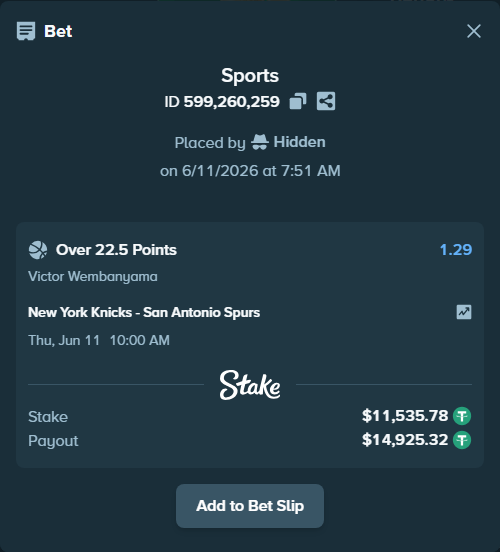 Bet slip: , $11,547.32 stake at 1.29 odds, placed by Hidden