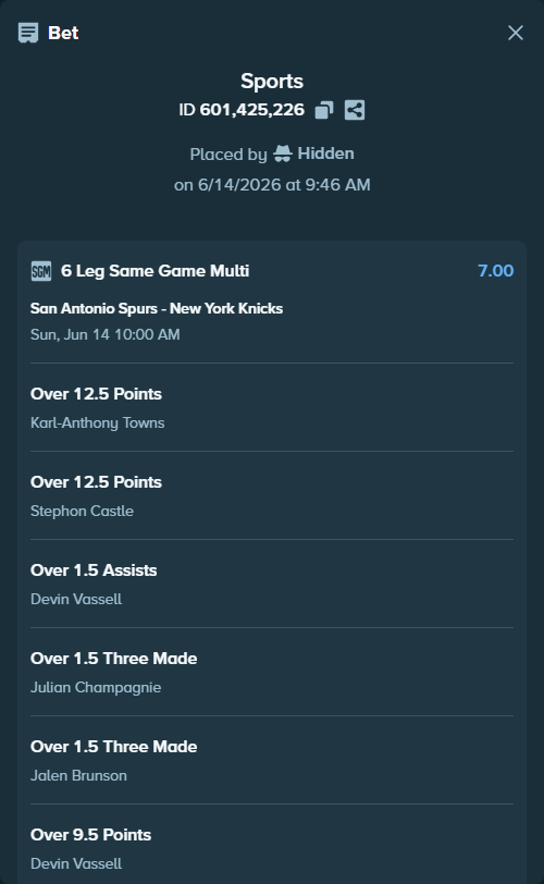 Bet slip: , $12,357.56 stake at 1.17 odds, placed by Hidden
