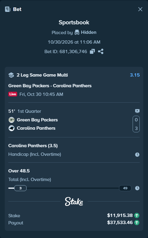 Bet slip: , $11,939.21 stake at 1.57 odds, placed by Hidden
