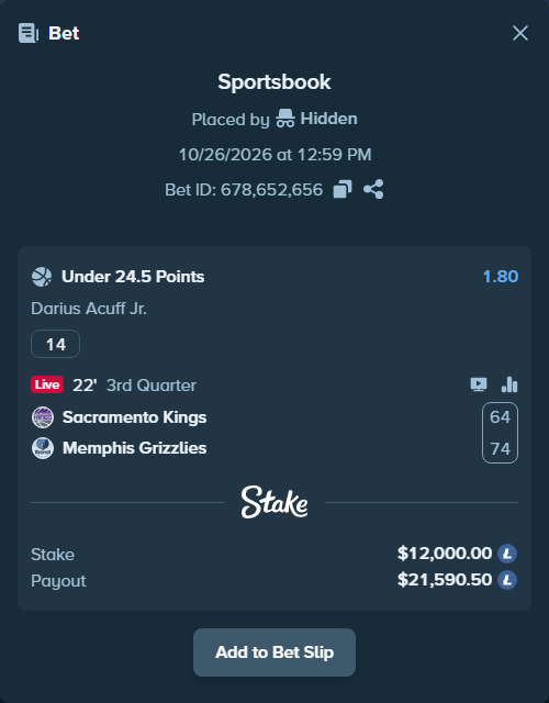 Bet slip: , $12,049.88 stake at 1.80 odds, placed by DreisterRX