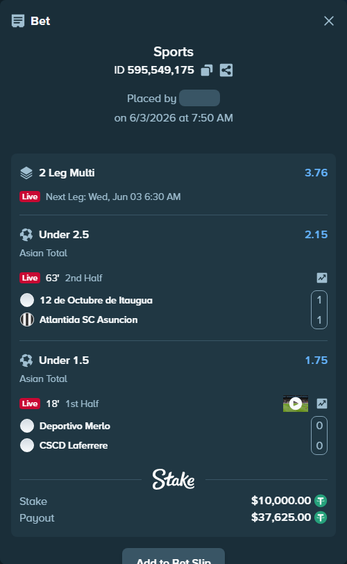 Bet slip: 12 de Octubre de Itaugua - Atlantida SC Asuncion, $10,010.00 stake at 2.15 odds, placed by AsTraL11