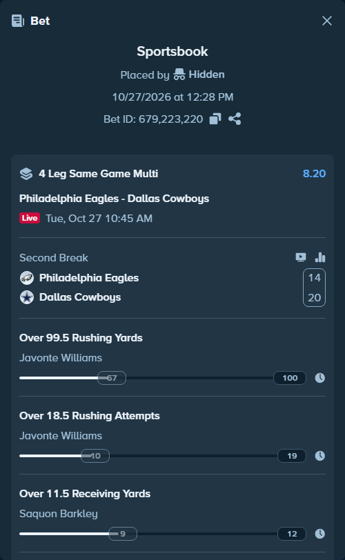 Bet slip: , $12,000.00 stake at 2.05 odds, placed by Hidden
