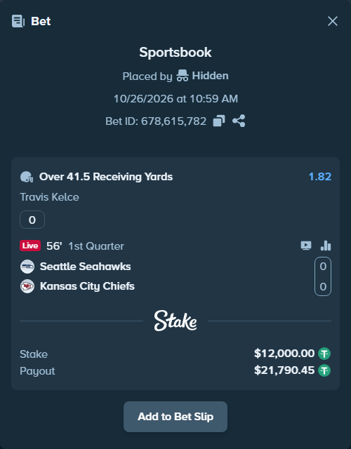 Bet slip: , $12,012.00 stake at 1.82 odds, placed by Hidden