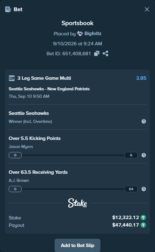 Bet slip: , $12,322.12 stake at 1.28 odds, placed by Bigfoltz