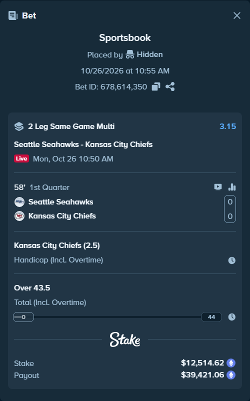 Bet slip: , $12,436.44 stake at 1.57 odds, placed by SyztmzTV