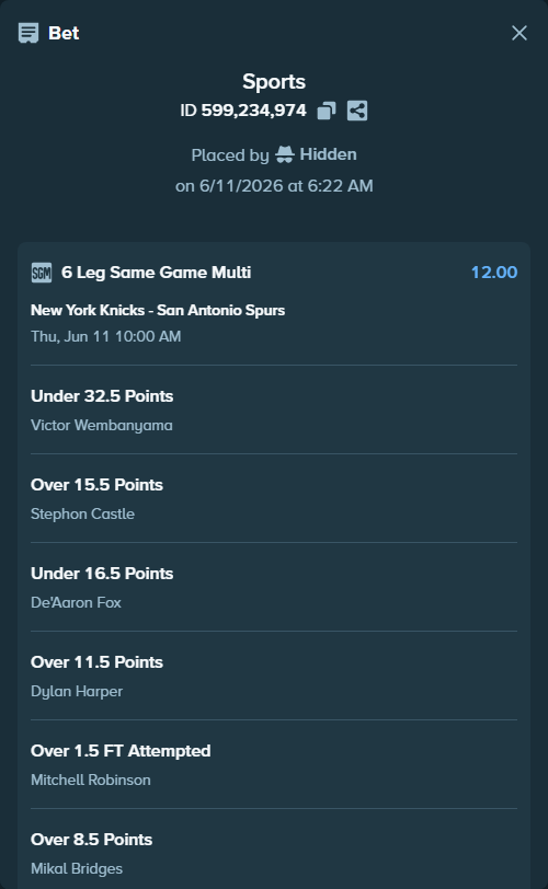 Bet slip: , $12,500.00 stake at 2.00 odds, placed by Hidden