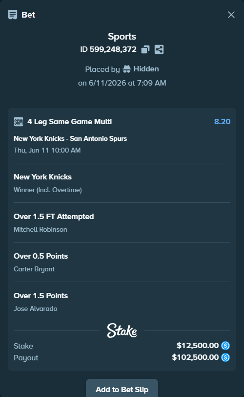 Bet slip: , $12,500.00 stake at 2.05 odds, placed by Hidden