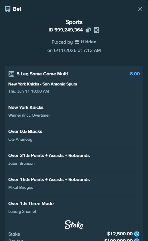 Bet slip: , $12,500.00 stake at 1.60 odds, placed by Hidden