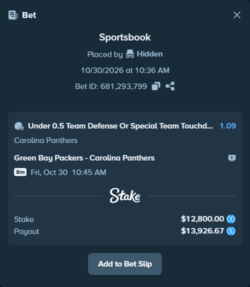 Bet slip: , $12,800.00 stake at 1.09 odds, placed by Mac19771