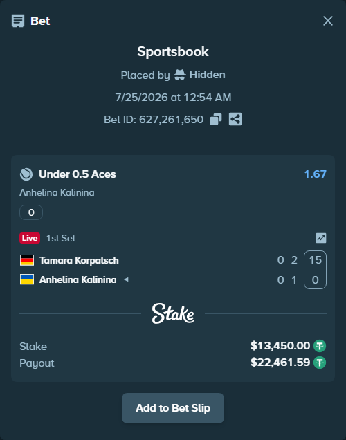 Bet slip: , $13,463.45 stake at 1.67 odds, placed by Hidden