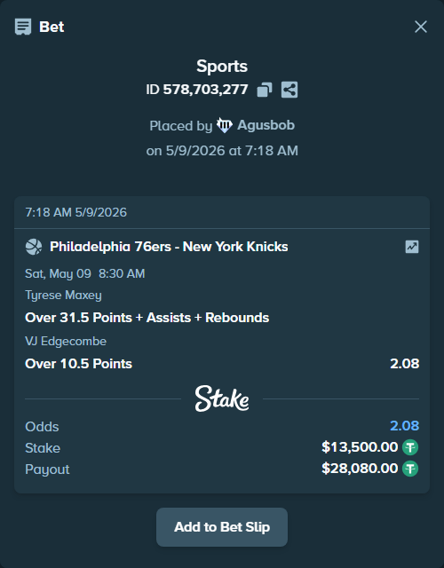 Bet slip: , $13,500.00 stake at 1.04 odds, placed by Agusbob