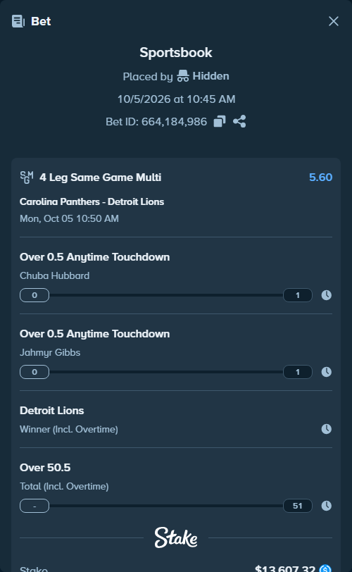 Bet slip: , $13,607.32 stake at 1.40 odds, placed by Bigfoltz