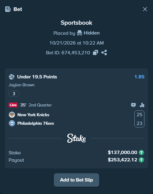 Bet slip: , $137,137.00 stake at 1.85 odds, placed by Hidden