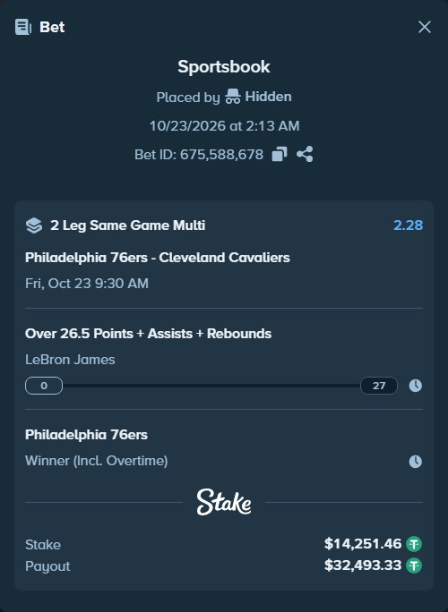Bet slip: , $14,265.71 stake at 1.14 odds, placed by Bigfoltz