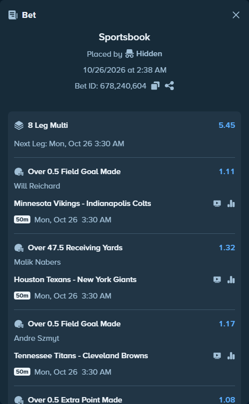 Bet slip: , $14,179.97 stake at 1.11 odds, placed by Hidden