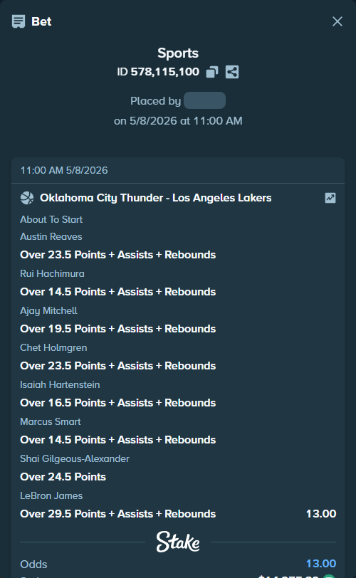 Bet slip: , $14,275.39 stake at 1.63 odds, placed by SyztmzTV