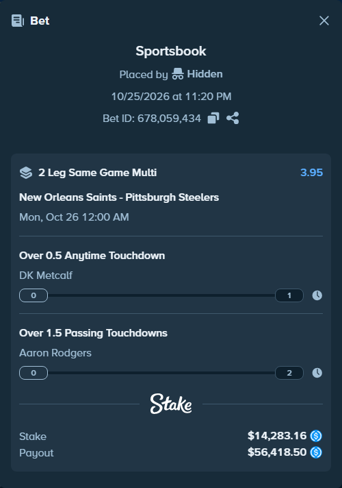 Bet slip: , $14,283.16 stake at 1.98 odds, placed by Hidden