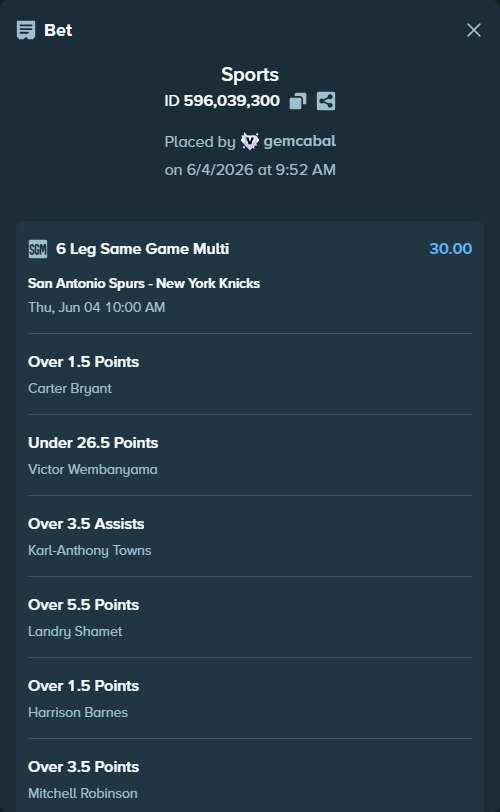 Bet slip: , $14,358.34 stake at 5.00 odds, placed by gemcabal