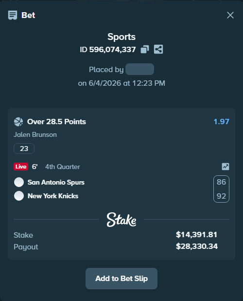 Bet slip: , $14,391.81 stake at 1.97 odds, placed by FencerGG