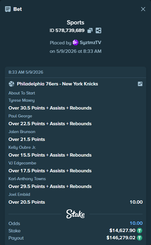 Bet slip: , $14,627.90 stake at 1.43 odds, placed by SyztmzTV